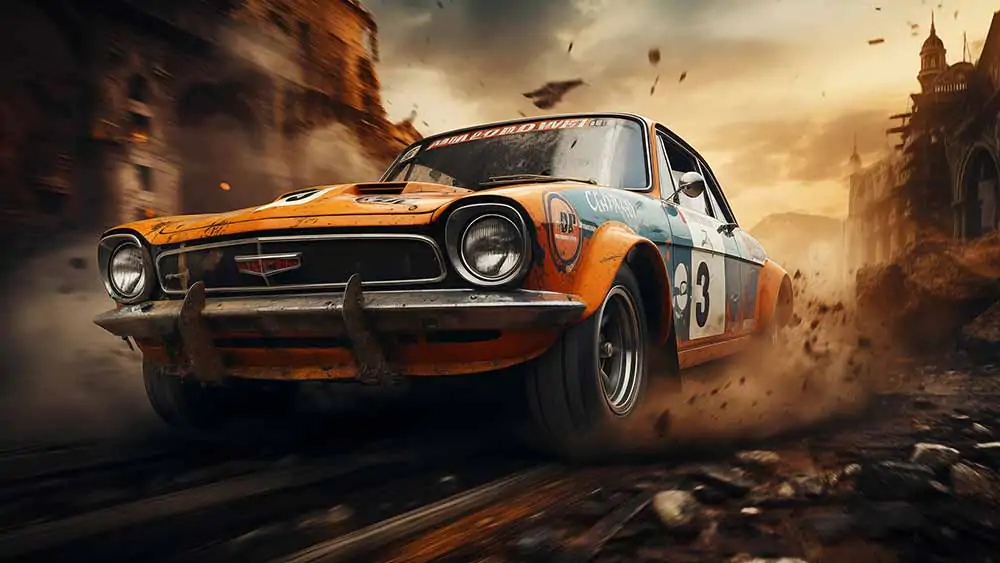 fond d'écran HD 4K d'une voiture de course vintage fonçant à travers une ville en ruine, poussière et débris, post-apocalyptique.