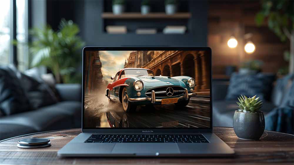 Voiture de course classique Mercedes 300 SL traversant une ville fond d'écran 4K HD Téléchargement gratuit