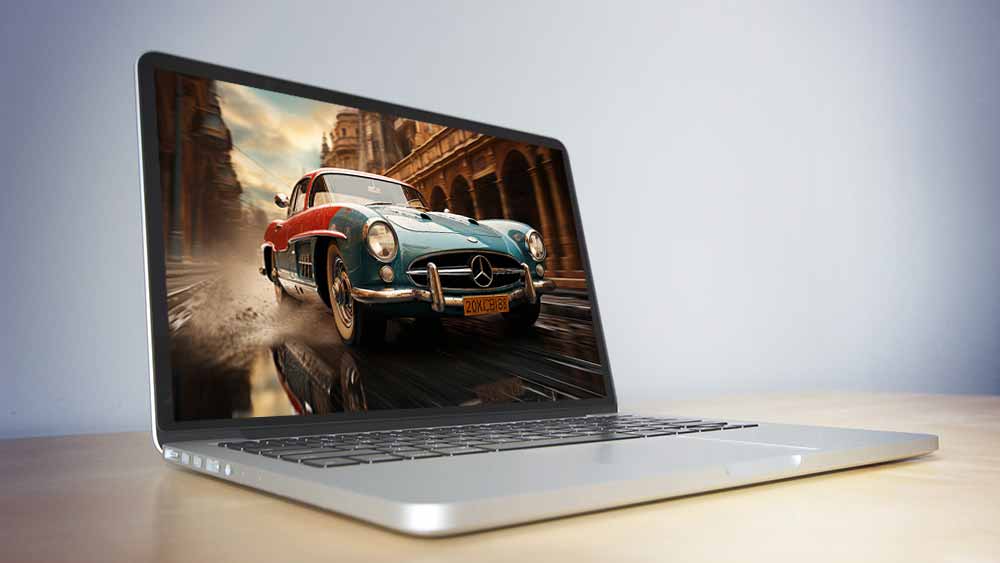 Voiture de course classique Mercedes 300 SL traversant une ville fond d'écran 4K HD Téléchargement gratuit