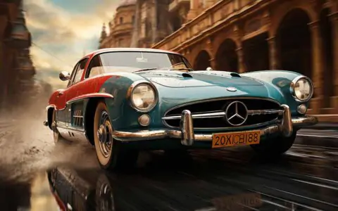 Classic Mercedes 300 SL racing car driving through a city wallpaper 4K HD free Download