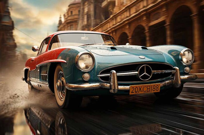 Voiture de course classique Mercedes 300 SL traversant une ville fond d'écran 4K HD Téléchargement gratuit