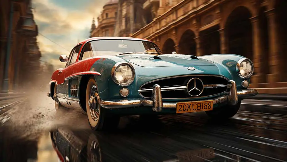 Voiture de course classique Mercedes 300 SL traversant une ville fond d'écran 4K HD Téléchargement gratuit