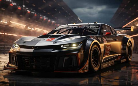 Fond d'écran 4K HD Voiture de course noire Chevrolet Camaro ZL1 sur une grille de départ la nuit.Téléchargement gratuit haute résolution