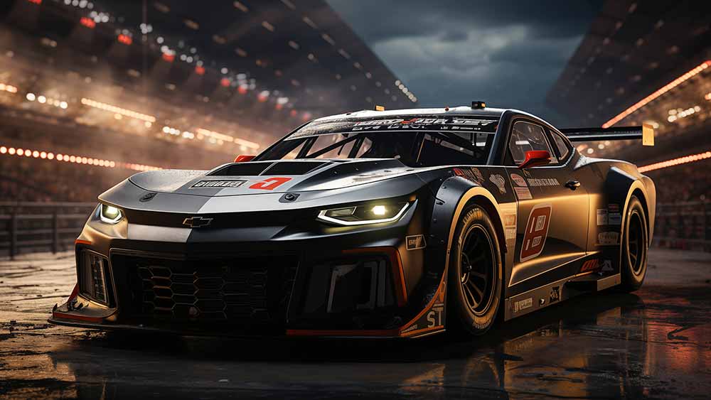 Fond d'écran 4K HD Voiture de course noire Chevrolet Camaro ZL1 sur une grille de départ la nuit.Téléchargement gratuit haute résolution