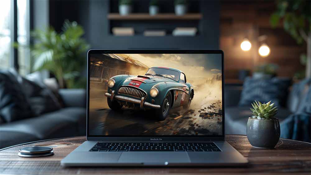 Voiture de course bleu sarcelle vintage fonçant à travers une piste poussiéreuse, coupé sport classique en action HD 4K fond d'écran téléchargement gratuit