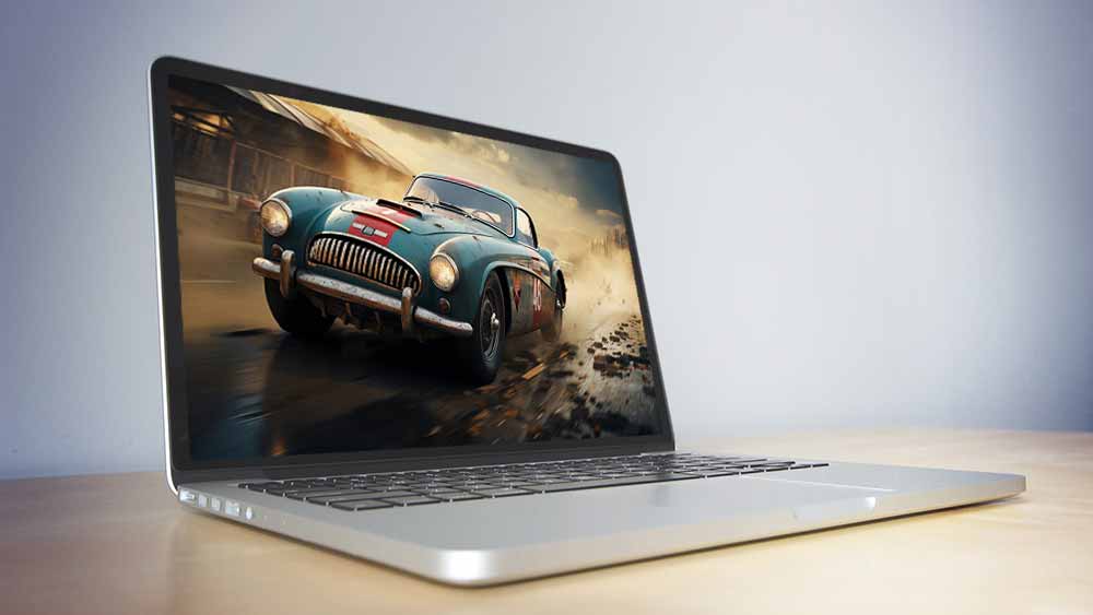 Voiture de course bleu sarcelle vintage fonçant à travers une piste poussiéreuse, coupé sport classique en action HD 4K fond d'écran téléchargement gratuit