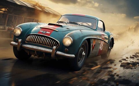 Voiture de course bleu sarcelle vintage fonçant à travers une piste poussiéreuse, coupé sport classique en action HD 4K fond d'écran téléchargement gratuit