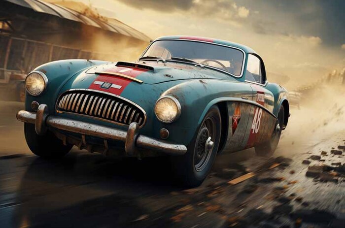 Voiture de course bleu sarcelle vintage fonçant à travers une piste poussiéreuse, coupé sport classique en action HD 4K fond d'écran téléchargement gratuit