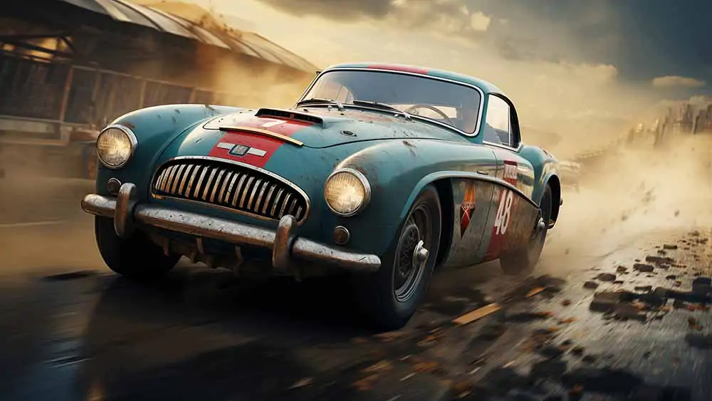 Voiture de course bleu sarcelle vintage fonçant à travers une piste poussiéreuse, coupé sport classique en action HD 4K fond d'écran téléchargement gratuit