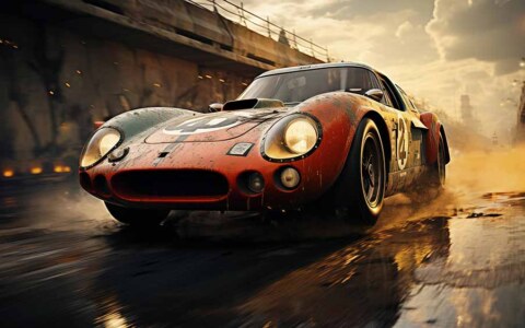 Voiture de course rouge vintage roulant à toute vitesse sur la piste pendant le coucher du soleil fond d'écran HD 4K téléchargement gratuit