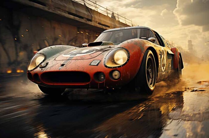 Voiture de course rouge vintage roulant à toute vitesse sur la piste pendant le coucher du soleil fond d'écran HD 4K téléchargement gratuit