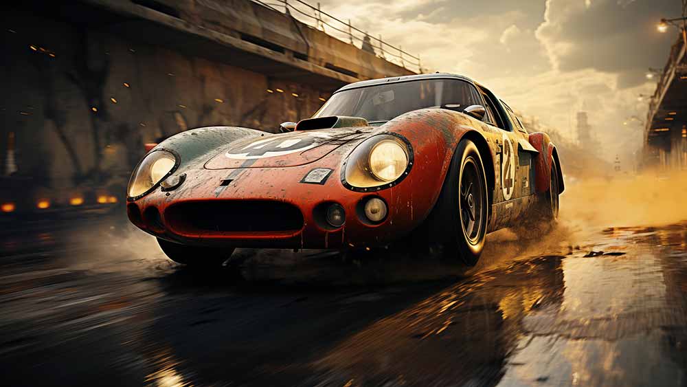Voiture de course rouge vintage roulant à toute vitesse sur la piste pendant le coucher du soleil fond d'écran HD 4K téléchargement gratuit