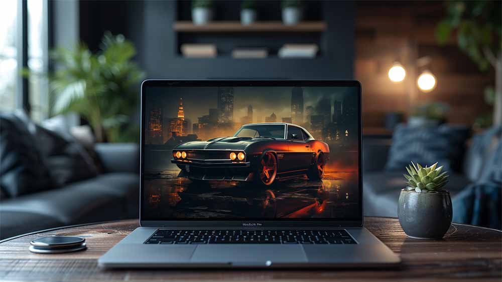 Voiture de muscle classique dans un paysage nocturne de la ville HD 4K Fond d'écran Téléchargement gratuit