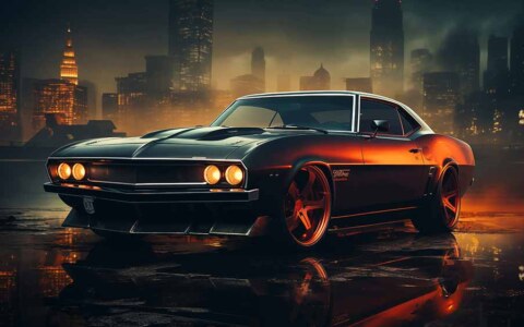 Voiture de muscle classique dans un paysage nocturne de la ville HD 4K Fond d'écran Téléchargement gratuit