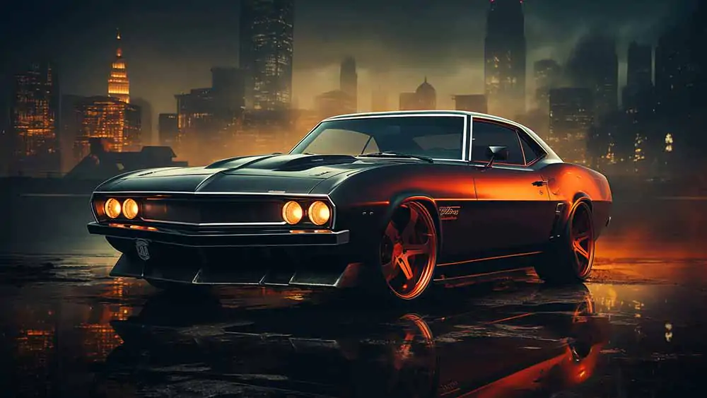 Classic muscle car in city nightscape HD 4K Wallpaper Free Download