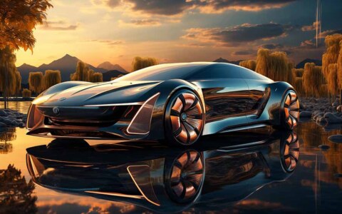 Fond d'écran 4K HD d'une voiture de luxe noire avec des accents dorés garée au bord d'un lac, entourée de montagnes et d'arbres, concept car futuriste.