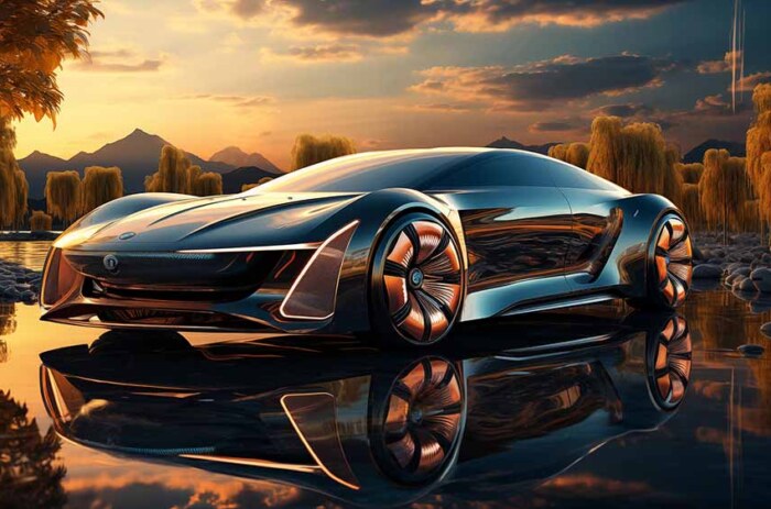 Fond d'écran 4K HD d'une voiture de luxe noire avec des accents dorés garée au bord d'un lac, entourée de montagnes et d'arbres, concept car futuriste.