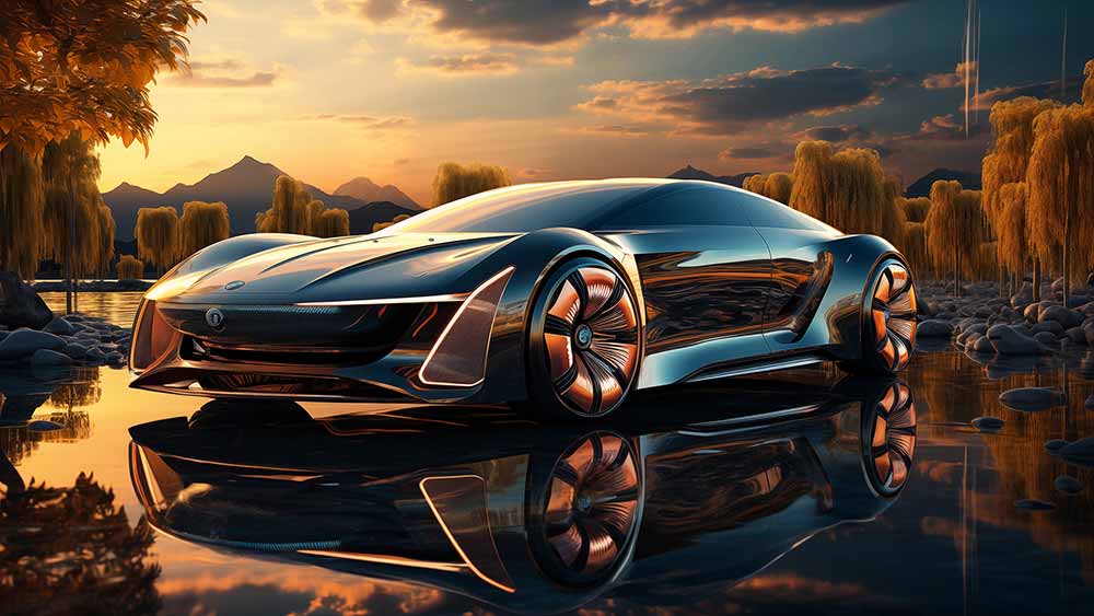 Fond d'écran 4K HD d'une voiture de luxe noire avec des accents dorés garée au bord d'un lac, entourée de montagnes et d'arbres, concept car futuriste.