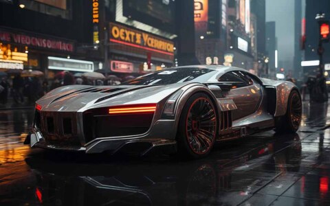 Voiture de sport futuriste cyberpunk sur une rue de ville humide la nuit fond d'écran HD téléchargement gratuit 4K