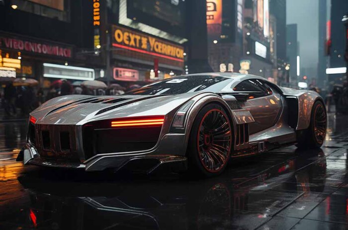 Voiture de sport futuriste cyberpunk sur une rue de ville humide la nuit fond d'écran HD téléchargement gratuit 4K