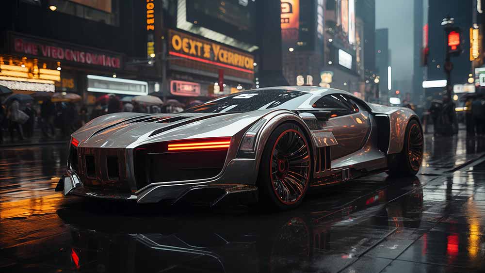 Voiture de sport futuriste cyberpunk sur une rue de ville humide la nuit fond d'écran HD téléchargement gratuit 4K