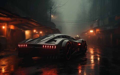 Fond d'écran de voiture cyberpunk dans la nuit brumeuse | Téléchargement gratuit HD et 4K