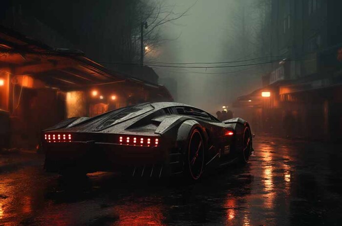 Fond d'écran de voiture cyberpunk dans la nuit brumeuse | Téléchargement gratuit HD et 4K