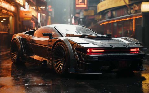 Voiture futuriste cyberpunk garée dans une rue humide de la ville la nuit, des néons se reflétant sur la carrosserie de la voiture.