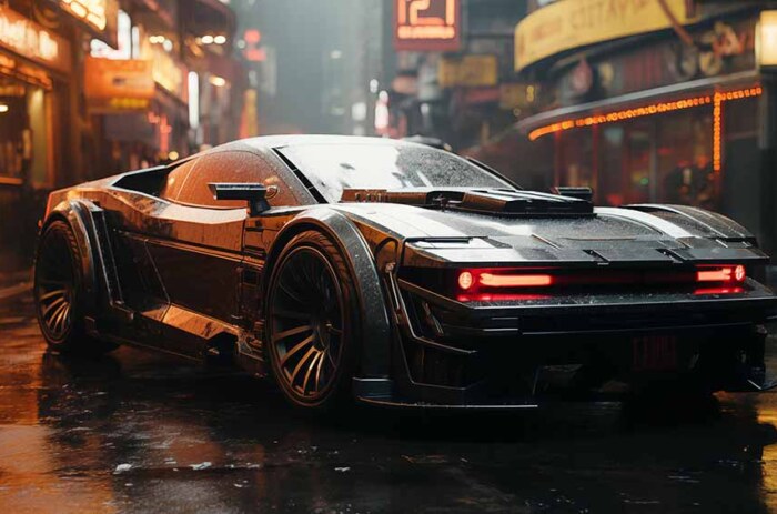 Voiture futuriste cyberpunk garée dans une rue humide de la ville la nuit, des néons se reflétant sur la carrosserie de la voiture.