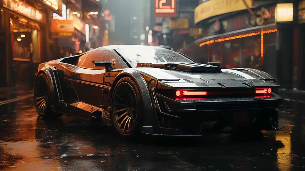 Cyberpunk futuristic car parked on a wet city street at night, neon lights reflecting on the car's body.