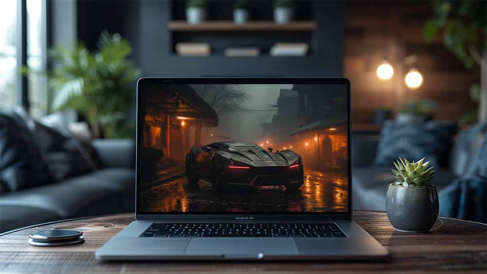Voiture futuriste cyberpunk, néons, paysage urbain, fond d'écran 4K HD.