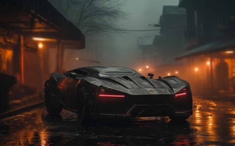 Voiture futuriste cyberpunk, néons, paysage urbain, fond d'écran 4K HD.
