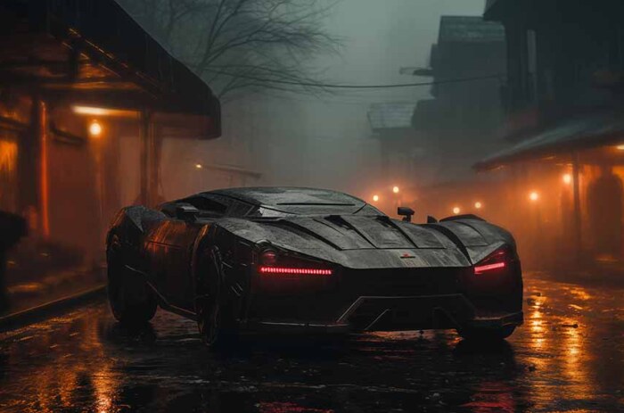 Voiture futuriste cyberpunk, néons, paysage urbain, fond d'écran 4K HD.