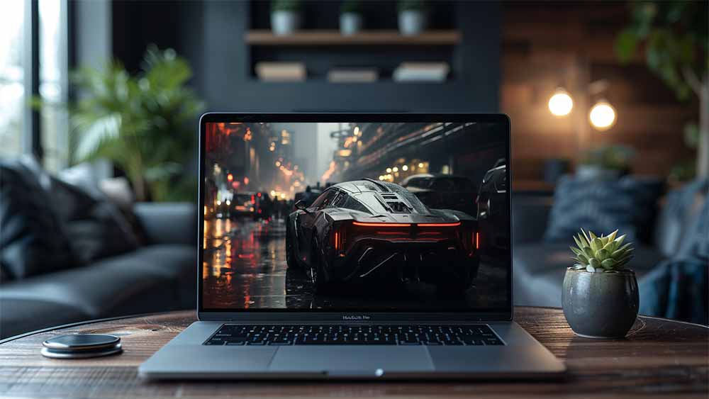 Fond d'écran HD 4K de voiture supercar futuriste noire - Ville cyberpunk, néons et pluie. Téléchargement gratuit en haute résolution