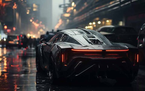 Fond d'écran HD 4K de voiture supercar futuriste noire - Ville cyberpunk, néons et pluie. Téléchargement gratuit en haute résolution