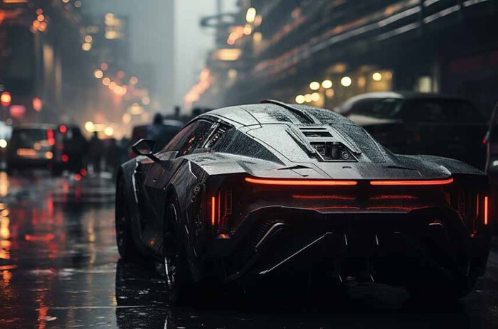 Fond d'écran HD 4K de voiture supercar futuriste noire - Ville cyberpunk, néons et pluie. Téléchargement gratuit en haute résolution