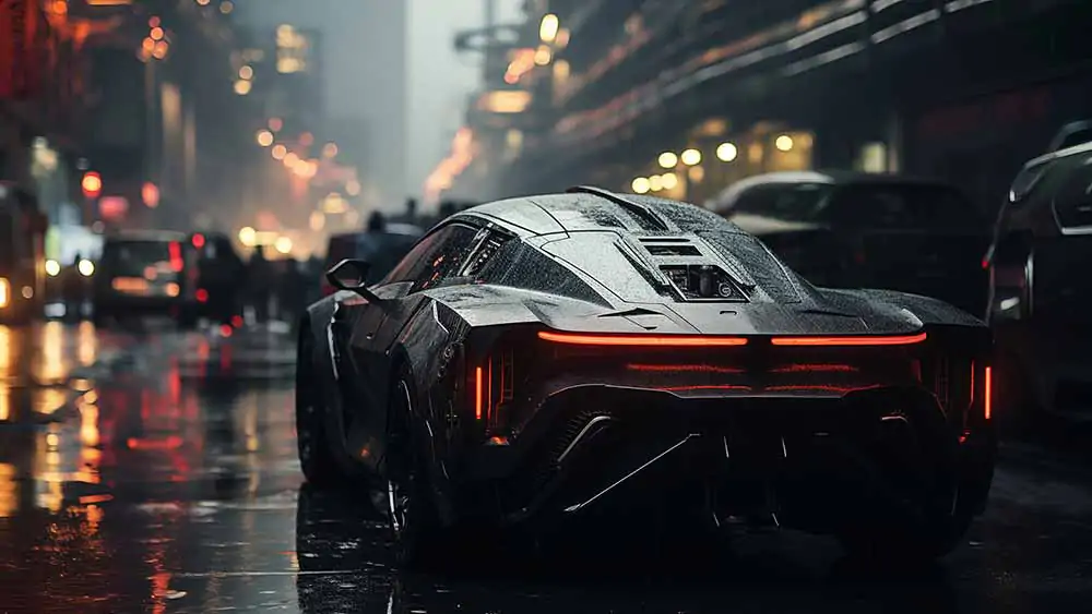 Fond d'écran HD 4K de voiture supercar futuriste noire - Ville cyberpunk, néons et pluie. Téléchargement gratuit en haute résolution