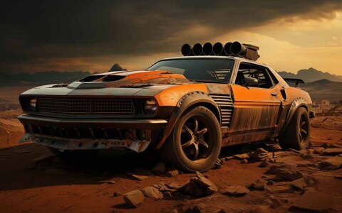 Voiture Muscle car post-apocalyptique Mad Max dans le désert, patiné, modifié, fond d'écran 4K HD gratuit