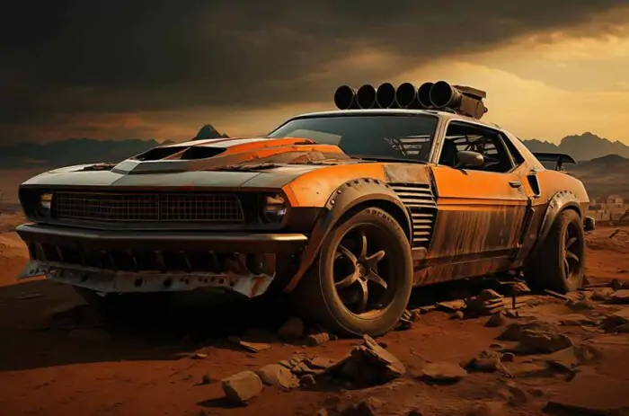 Mad Max post-apocalyptic muscle car in desert, weathered, modified, wallpaper 4K HD free