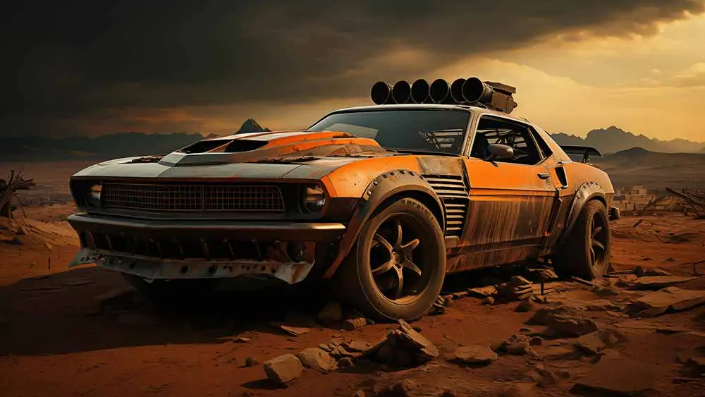 Mad Max post-apocalyptic muscle car in desert, weathered, modified, wallpaper 4K HD free