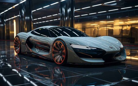 Fond d'écran 4K HD gratuit d'une supercar futuriste argentée dans un décor de salle d'exposition moderne