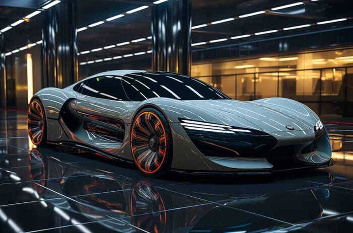 Fond d'écran 4K HD gratuit d'une supercar futuriste argentée dans un décor de salle d'exposition moderne