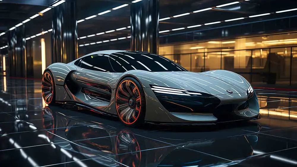 Fond d'écran 4K HD gratuit d'une supercar futuriste argentée dans un décor de salle d'exposition moderne