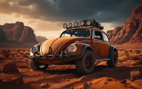 Coccinelle Volkswagen orange dans le désert Fond d'écran HD 4K - Explorez avec cette coccinelle modifiée Téléchargement gratuit haute résolution