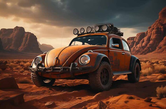 Coccinelle Volkswagen orange dans le désert Fond d'écran HD 4K - Explorez avec cette coccinelle modifiée Téléchargement gratuit haute résolution