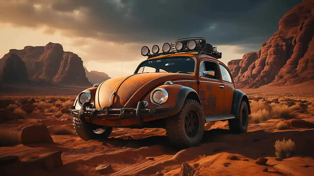 Coccinelle Volkswagen orange dans le désert Fond d'écran HD 4K - Explorez avec cette coccinelle modifiée Téléchargement gratuit haute résolution