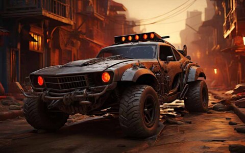Muscle car modifié dans une ville post-apocalyptique Mad MAx Style fond d'écran 4K HD