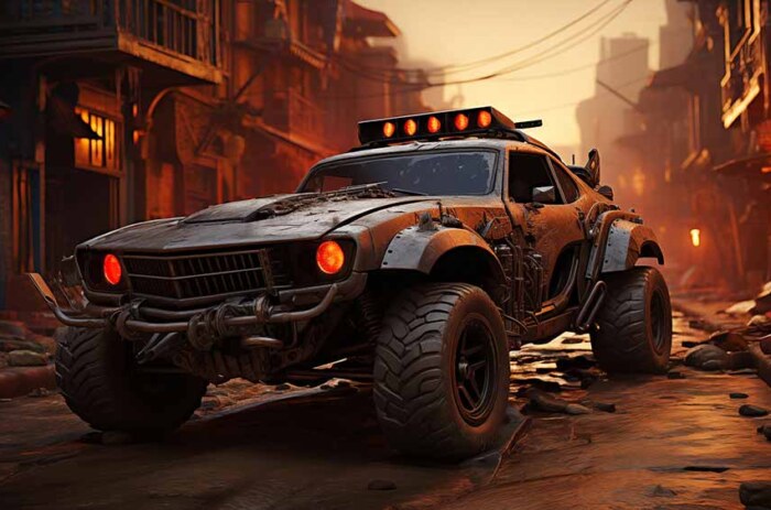 Muscle car modifié dans une ville post-apocalyptique Mad MAx Style fond d'écran 4K HD