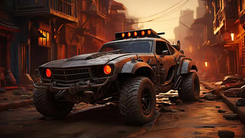 Modified muscle car in post-apocalyptic city Mad MAx Style wallpaper 4K HD