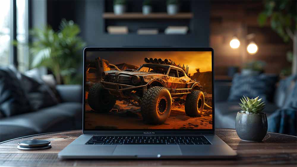Monster truck post-apocalyptique inspiré de Mad Max Fury Road, fond d'écran 4k HD avec de gros pneus et des pointes métalliques, sur fond de paysage désertique.